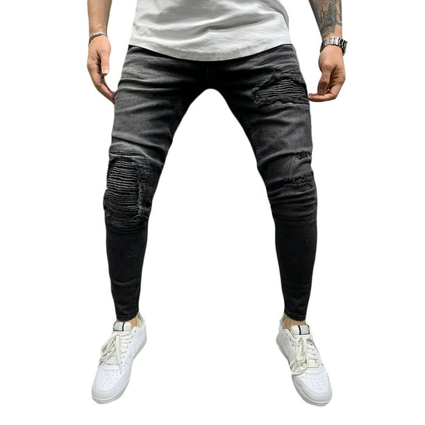 Men's Printed Jeans Street Wear Destroyed Distressed Stylish Slim Fit Denim Pants Casual Skinny Stretch Jean Trousers 34,Navy Blue 